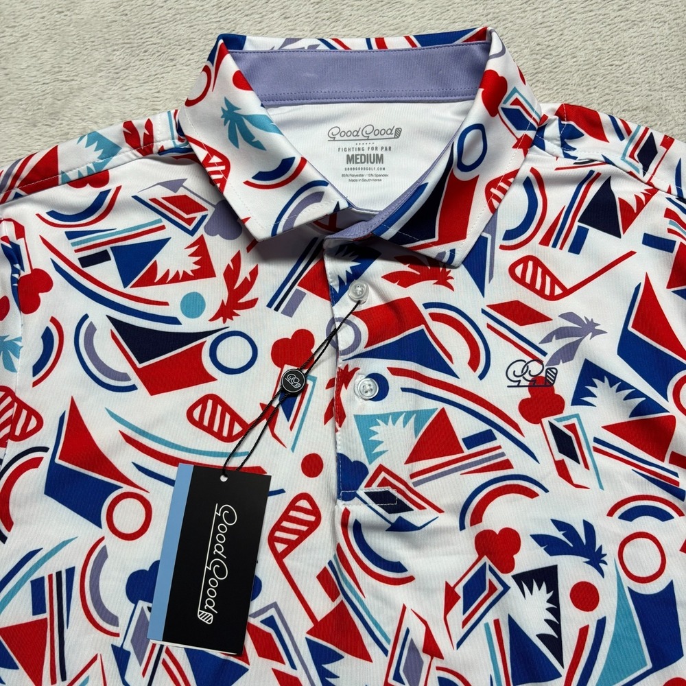 NEW Good Good Shirt Proud & True Polo Mens M Geometric White Print Golf Tropical